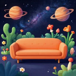 psychedelic trippy couch in space, planets, plants, flowers, mushrooms milky way, sofa, cartoon by alvar aalto