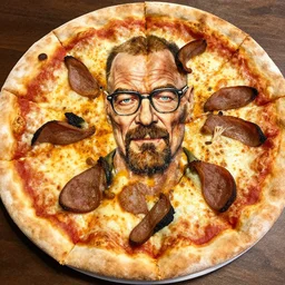 a pizza with bits of walter white's corpse as the toppings