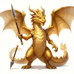 Golden Dragonborn, D&D Commision Art Dragon, Digital Commission,Smiling, cut horns, wielding a spear