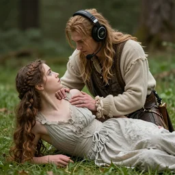 a Druid wearing headphones tries to rescue a damsel in distress