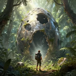a backpacker standing at the remnants of an overgrown metallic alien eggshaped structure in the jungle highly detailed digital painting, concept art by yongfei liu, alben tan, vance kocas, octane rendered, low angle, god rays, cg society, unreal engine