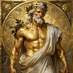 portrait of rugged patriarch zeus with smeared gold body paint, laurels greek god [ white hair ] muscular masculine manly mature rugged powerful handsome flowing robe fantasy intricate elegant detailed digital painting concept art artstation sharp focus illustration art by greg rutkowski alphonse mucha