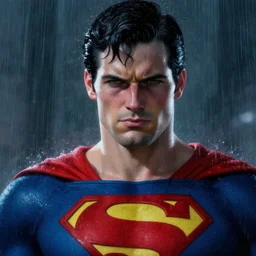 superman, scarred, wet, raining, close up, rim lighting, portrait, sinister atmospheric lighting. highly detailed painting by greg rutkowski, anime style
