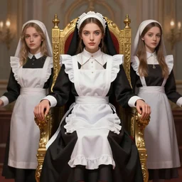 beautiful young female character inspired by maid and nun | | digital artwork made by aleski briclot, anna dittmann, rosdraws and lois van barlee, symmetrical, anatomically correct, sitting on throne, extremely coherent