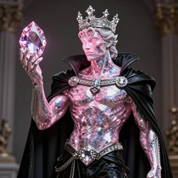 hyper detailed ultra sharp portrait of baroque and bladerunner delicate glowing diamond sculpture of seductive muscular albino young spanish king, pink diamond black metallic sphinx iridescent humanoid deity wearing black cloak holding a prismatic gem, glowing pink face, crown of white diamonds, cinematic lighting, photorealistic, octane render 8 k depth of field 3 d
