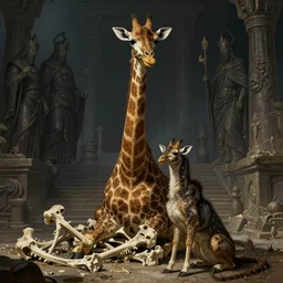 portrait of fantasy beast giraffe - wyrm, underneath laying bones, big beast pet sitting next to him, dark gods ancient temple in the background, illustration concept trending pixiv fanbox by wlop and greg rutkowski and caravaggio and rosa bonheur, and william harnett