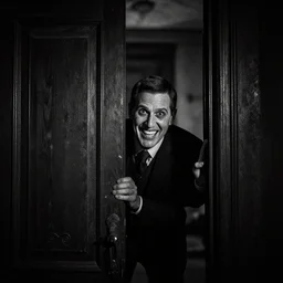 Ted Cruz with a wide grin peaking through a door in the distance, black and white, creepy lighting, scary, horror, ornate, eerie, fear