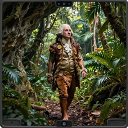 cave man that looks like george washington, walking in the jungle, caught on wildlife camera