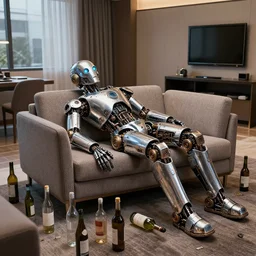 a shiny metallic futuristic steampunk humanoid robot sleeping on a sofa in a modern hotel room, empty bottles all over the floor, broken tv monitor, robert crumb style, insanely detailed, wide shot