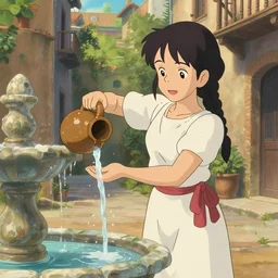 an anime waifu in a greek attire pouring water out of a vase into a fountain, spanish ghibli alleyway