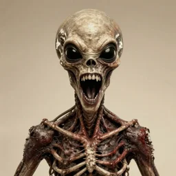 humanoid with crooked teeth, two shallow black eyes, long open black mouth, alien looking, big forehead, horrifying, killer, creepy, sepia tint, sepia tint, long open black mouth, dead, looking straight into camera, realistic, slightly red, long neck, boney, monster, tall, skinny, skullish, big forehead, in the style of alfred kubin