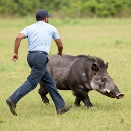 A man fleeing from a tapir.