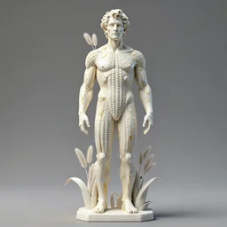 a statue made of white corn with gold veins, of kelsey grammer as frasier crane with fittonias, transhumanism, full body shot, perfect symmetrical body, perfect symmetrical face, hyper realistic, hyper detailed, by johannen voss, by peter kemp, by monia merlo, by michelangelo, by ernst haeckel, by alex grey, octane render, blender, 8 k