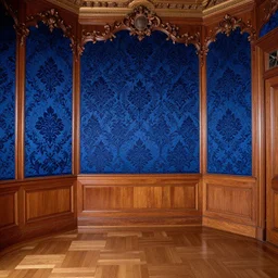 view into an ornate baroque room with navy blue damask walls and mahogany floor, windows looking out at neatly manicured lawn and hedges, 8 k, octane render
