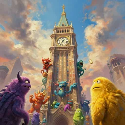 a beautiful painting of an aaahh!!! real monsters clock tower by james gurney and beeple | looking up | wide shot | unreal engine :. 3 | es