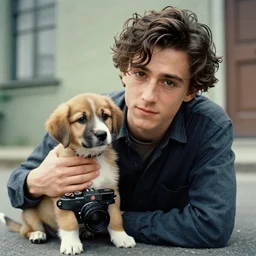 timothy chalamet and a puppy, leica s, 5 0 mm lens, kodachrome, 1 9 6 9, shot by platon - h 8 0 4