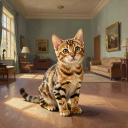 museum painting, medium - shot, adorable small bengal cat, 1 7 th century, large living room, oil painting, dreamy, early morning light, light squares on the floor, matte painting, masterpiece, alicia rius, reichert, orlov