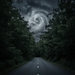 A dark and scary street entering a forest, the sky is spiraling clouds and the trees encompass the street like a tunnel