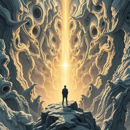 a man standing astonished, hyper detailed, transcending, white infinity, miyazaki, illustration, dan seagrave, concept art, mysterious, golden ratio, artstation, generative art