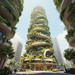 matte painting of the street level view of spiral tower. garden balconies. ecofuturistic architecture. dynamic perspective. urban, detailed digital art trending in artstation