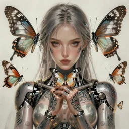 concept art by artgerm, female cyborg, attractive and tattooed, looking a butterfly perched on his hands, soft natural light, intricate, highly detailed, digital painting, artstation, concept art, smooth, sharp focus, illustration, art by greg rutkowski and luis rollo and uang guangjian and gil elvgren, symmetry!