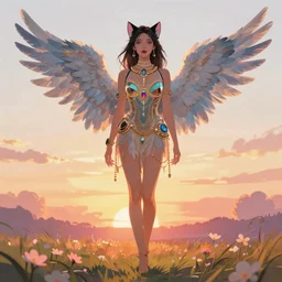 Portrait of a beautiful elegant woman colors, angelic wings on her back, cat ears, luxurious necklass, sunset warm spring, centered subject, wide full-body shot, fantasy, anime, vibrant, intricate details, trending on ArtStation, Deviantart, by WLOP