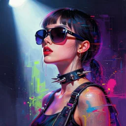 a cyberpunk girl wearing huge sunglasses, wearing a spiked choker, side portrait, passionate, spotlight, paint drips, glitch, paint splatter, vibrant colors, dramatic, brush strokes, collage, futuristic clothing, digital painting, by marco paludet, by jeremy mann, by hannah hoch