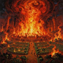 A gigantic garden of blood and fire in the colossal Hindu hell, by Zdzisław Beksiński, oil on canvas, masterpiece, detailed, dynamic, cinematic composition, beautiful lighting, view from ground, trending on artstation, top on pixiv, 8K, award winning, no frames,