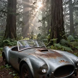 A close up photograph of an abandoned rusty AC Cobra in an old misty redwood forest, overgrown with vegetation, massive trees, sun shining through the trees, backlit, crepuscular rays, muted colors, 8k