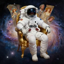 astronaut sitting on the golden chair in galaxy, digital painting by dean cornwall, rhads, john berkey, tom whalen, alex grey, alphonse mucha, donoto giancola,