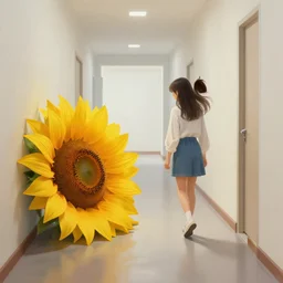 a painting of a girl walking in a hallway and suddenly finds a giant sunflower on the floor blocking her way, professional digital painting, wild brush strokes, concept art, award - winning photography, cinematic, wlop, color block, pop, hip, art by andy warhol, pixiv art, yoshitaka amano