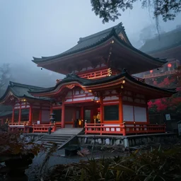 unshoji temple, colorful, ambient, cinematic, dark, foggy, nature start to take over, 4 k, photo realistic, spooky, by emmanuel shiu and jim burns