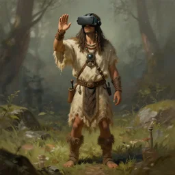 Neolithic shaman wearing Virtual Reality set, prehistoric, semi realistic character concept art, character full body portrait painting, DeviantArt Artstation, by Jason Felix by Steve Argyle by Tyler Jacobson by Peter Mohrbacher, cinema