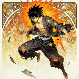 a mad guy with spike black hair, orange spike aura in motion, damaged japanese clothes, floating pieces, painted by art by tsuyoshi nagano, greg rutkowski, artgerm, alphonse mucha, spike painting