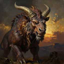 Menacing minotaur portrait, atmospheric lighting, painted, intricate, volumetric lighting, beautiful, rich deep colors masterpiece, golden hour, sharp focus, ultra detailed, by Leesha Hannigan, Ross Tran, Thierry Doizon, Kai Carpenter, Ignacio Fernández Ríos