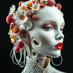 biomechanical beautiful woman portrait with a smooth carved porcelain ivory profile face, futuristic haute couture, iris van herpin, headdress with daisies, colorful puffballs, mushrooms, rhizomorphs, brackets, sponge corals, laser cut collar, red lips, cyberpunk, fine tendrils, hyper detailed, ultra sharp, 8 k, uhd