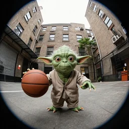 Yoda playing basketball in an urban courtyard, photograph, fisheye lens