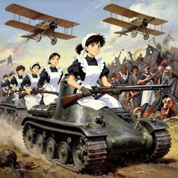 anime key visual depicting the horrors of the 1 9 1 8 great war, anime maids riding early tanks, matriarchy, old bolt action rifles, biplanes in the sky, blood anguish terror death, style of jamie wyeth james gilleard edward hopper greg rutkowski acrylic painting, preserved museum piece, historical