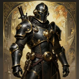 picture of city enforcer, male, armor, helmet, steampunk tech, black and gold, grimdark, digital painting, highly detailed, smooth, sharp contrast, by artgerm and greg rutkowski and alphonse mucha, comic cover art