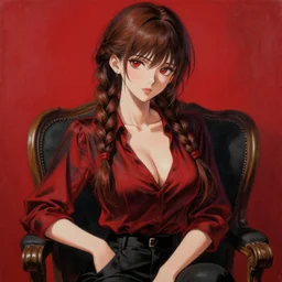 sexy girl with braided brown hair, wearing a low cut blouse, and sitting in a chair, highly detailed, painting, red and black color palette, intricate, high quality anime artstyle, in the style of ilya kuvshinov