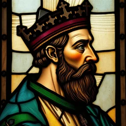 side - view portrait of radovid v the stern, 1 0 th century stained glass window, very masterful