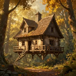 hovering medieval pub in a forest during the golden hour in autumn,  highly detailed 4K fantasy matte painting by Thomas Kinkade, ArtStation, CGSociety, Unreal Engine
