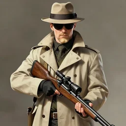 viktor reznov from call of duty : world at war with a beige coat, a blonde goatee, short hair, beige fedora, and sunglasses, holding a wooden sniper rifle, establishing shot, art by yoji shinkawa