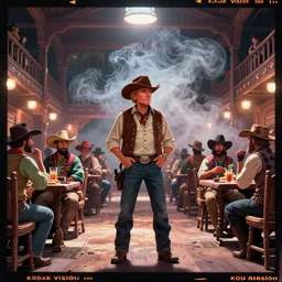 first image from new animated western film starring clint eastwood entering a crowded saloon, cel shading, smoke in the air, lush colors, kodak vision 2 0 0 t, anamorphic lens, halation, diffusion, framing, symmetrical, film grain, high contrast
