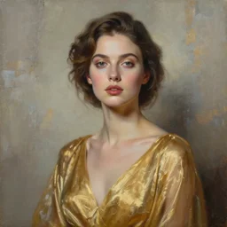 abstract oil matte portrait painting, woman in a shiny golden dress, weathered concrete wall background, detailed face, wonderful masterpiece highly detailed, beautiful cinematic light deep focus, elegant, smooth, sharp focus, golden ratio, dramatic illumination, ultra realistic, 8 k, art by kristina alisauskaite and caravaggio