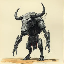 distant full - body drawing of a lead mechanical body and bull head, concept art by ian miller, artstation, sots art, steampunk, concept art, da vinci, greg rutkowski