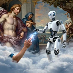 modern mechanical robot on the clouds is touching a human with lightning fingers, classical religious painting, michelangelo, concept art, diseny, stanley kubrick