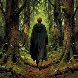 a man in a cloak walking in an old wood, art by aaron horkey and moebius, high details, contrasted colors, cinematic, cgsociety 8 k
