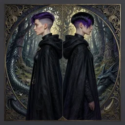 symmetrical!!! side portrait dark witch, adventurer outfit large cloak, fantasy forest landscape, dragon scales, fantasy magic, undercut hairstyle, short purple black fade hair, dark light night, intricate, elegant, sharp focus, illustration, highly detailed, digital painting, concept art, matte, art by wlop and artgerm and greg rutkowski and alphonse mucha, masterpiece