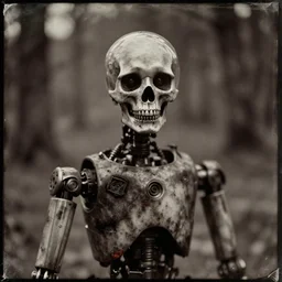 “Early 1900s daguerreotype, robot zombie with a glass skullcap in the forest, hyper realistic, by Steven Rhodes, shallow depth of field, sepia, eerie, macabre, scratches and burns on film, horror, cinematic, photorealistic, highly detailed”